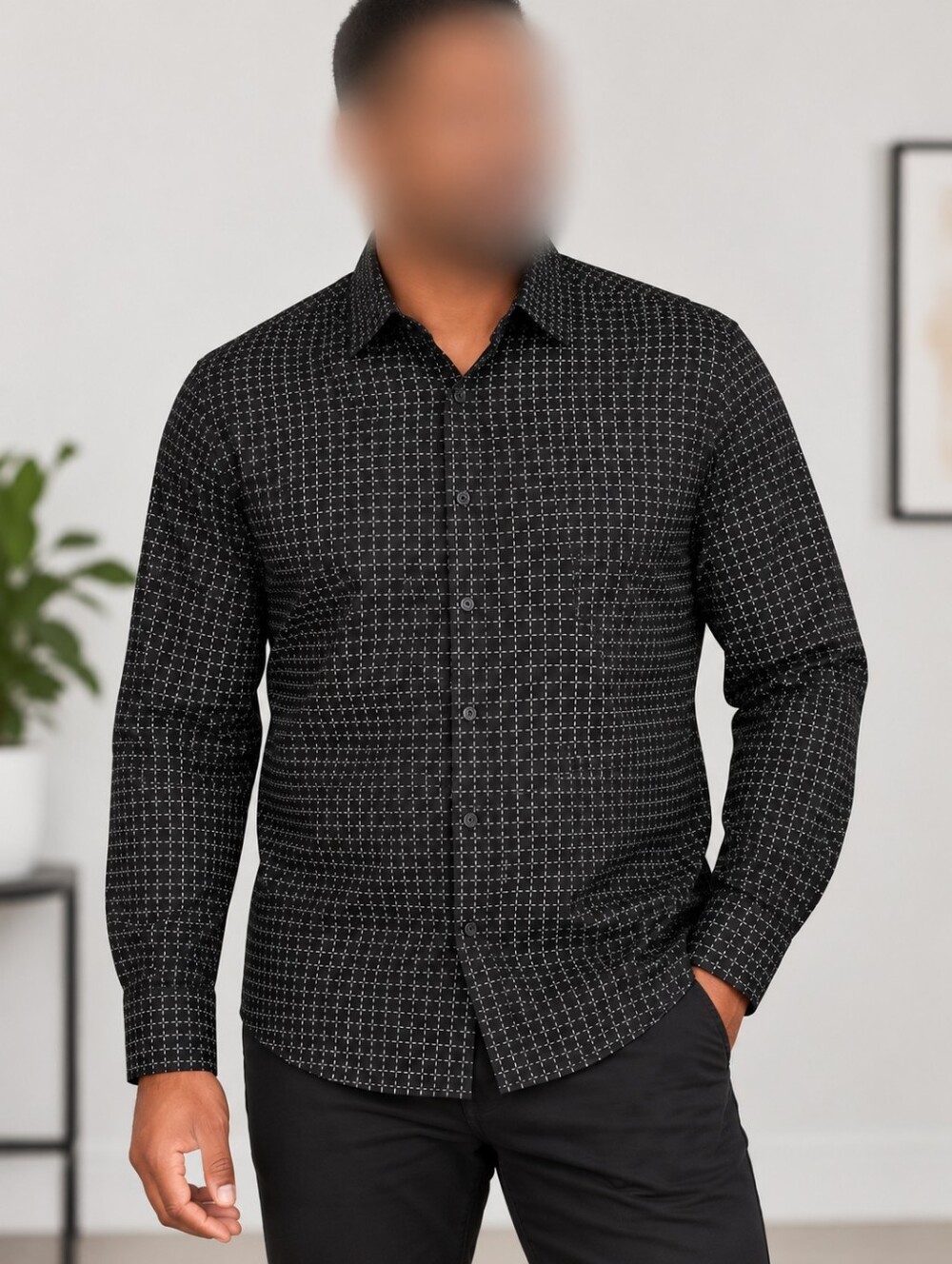 H&M Easy Iron Black Geometric Print Long Sleeve Button-Down Shirt Men's Size L